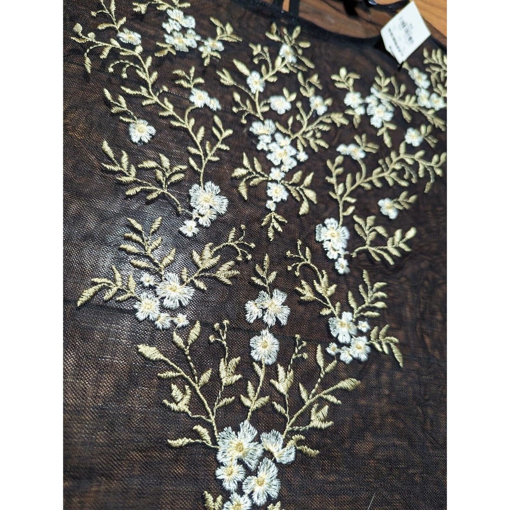 Express Top Blouse Black Embroidered Short Sleeve Floral Sheer Butterfly Size XS - Picture 3 of 7